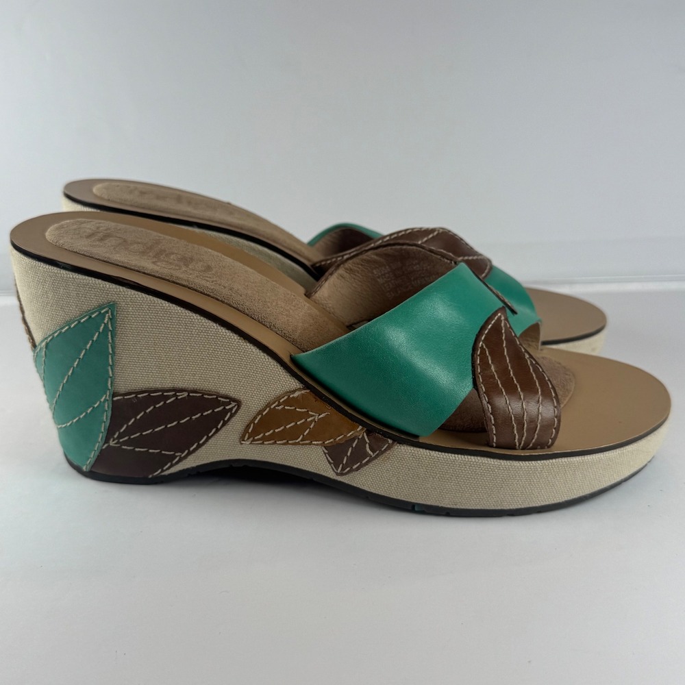 Indigo by Clarks Womens Teal Brown Leather Leaf Wedge Sandals Size 8.5M 80354 - Picture 3 of 10